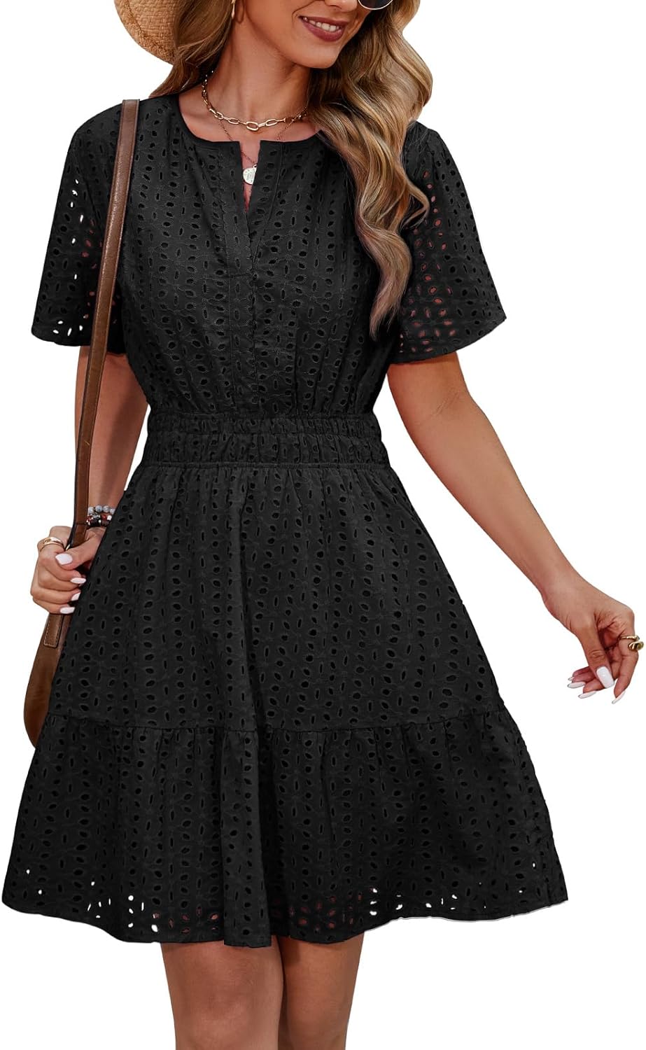 heekpek Womens Summer Dresses Trendy 2025 Mini V Neck Short Sleeve Cotton Dress Beach Vacation Casual Cute Hollow Out Ruffle