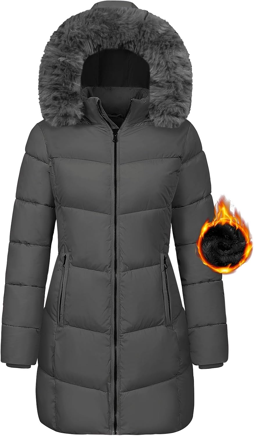 HEEKPEK Womens Long Winter Coats Puffer Jacket Fleece Lined Parka Down Jackets Waterproof with Detachable Faux Fur Hooded