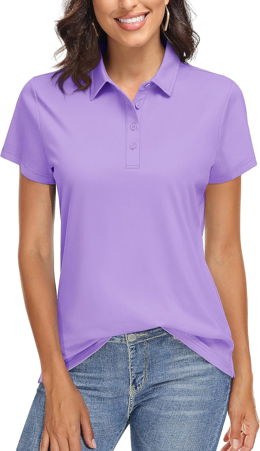 TACVASEN Women's Collared Shirts Short Sleeve UV Protection Sun Shirts Quick Dry Work Shirts Casual Shirts Womens Golf Shirt Light Purple 2XL