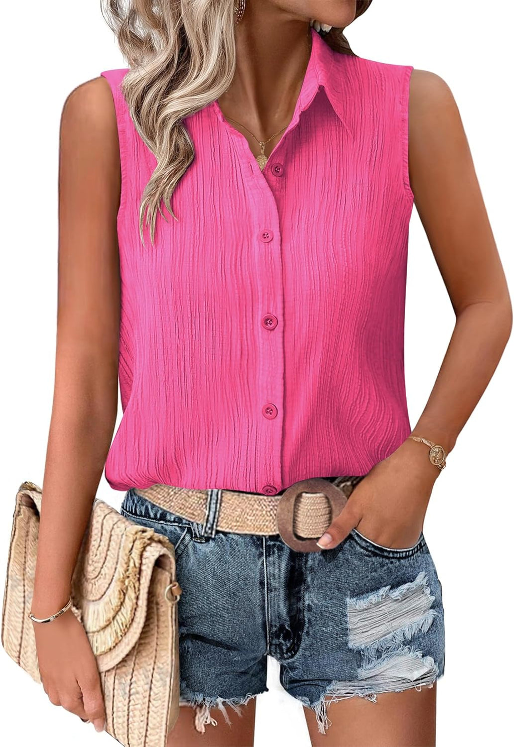 Zeagoo Button Down Shirts for Women Sleeveless V Neck Blouse Collared Textured Dressy Casual Tops Loose Office Work Shirts