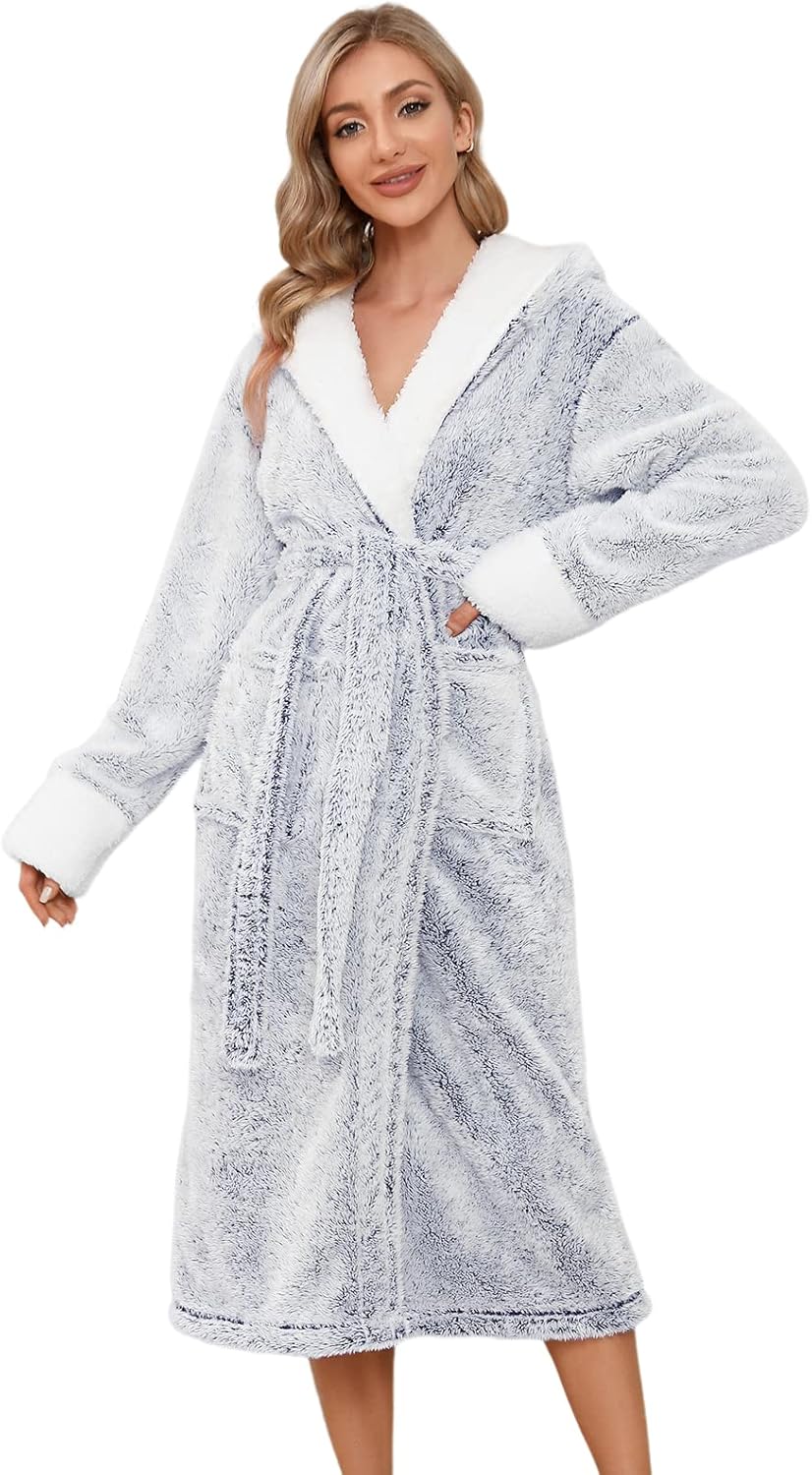 HEEKPEK Women Robes Hooded Fleece Bathrobe Lightweight Long Housecoat Fluffy Warm Kimono Ladies Soft Sleepwear Loungewear