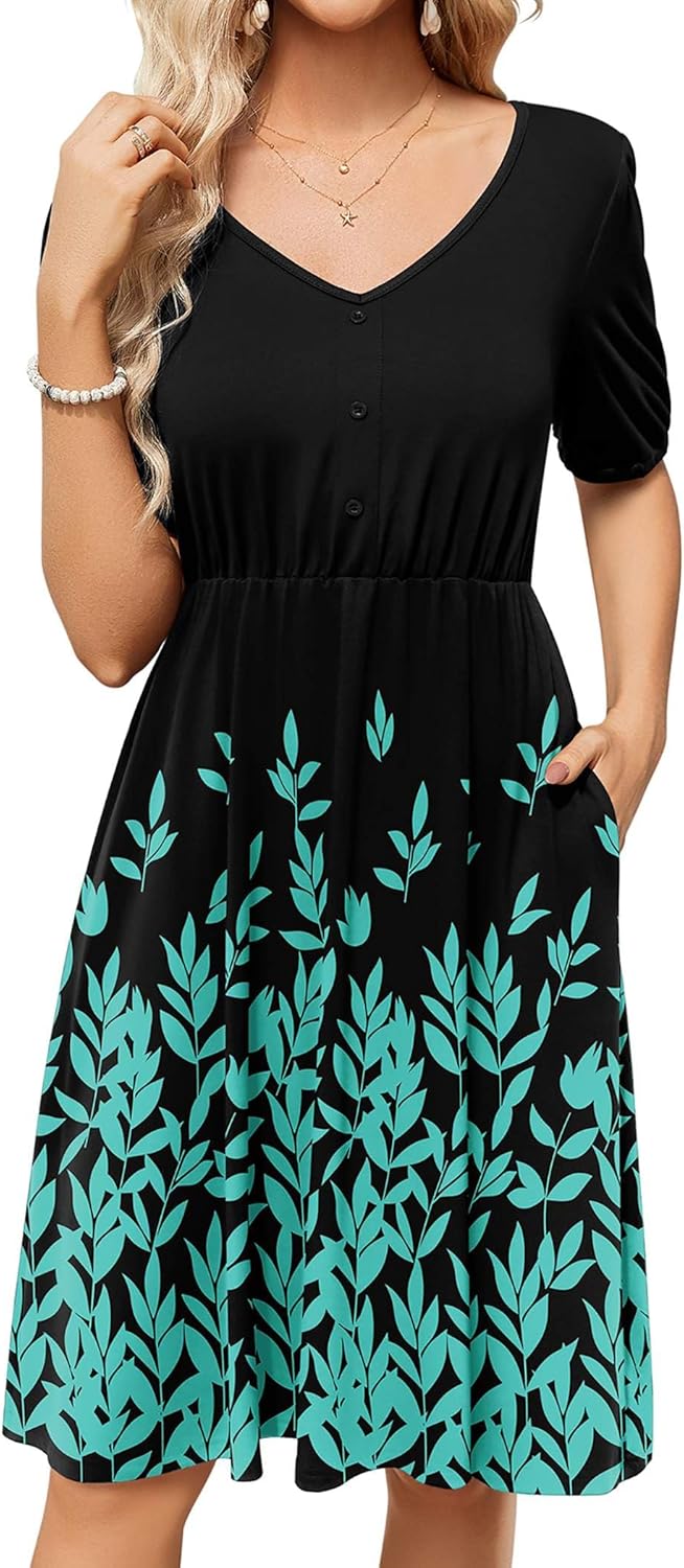 Zeagoo Women's Casual Floral T-Shirt Loose Dress Short Sleeve V-Neck A-Line Flowy Midi Button Down Sun Dresses with Pockets