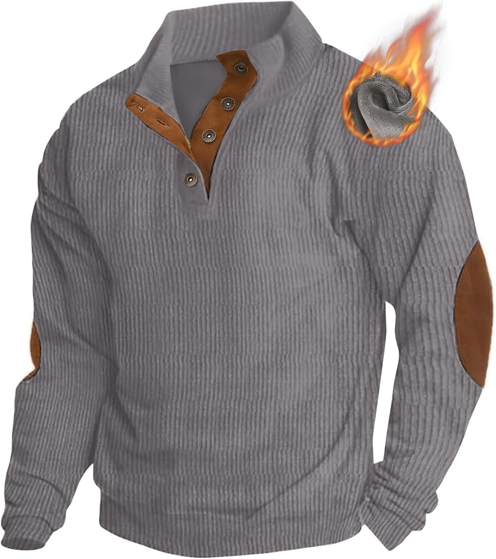 heekpek Men's Fleece Corduroy Sweatshirts Button Pullover Sweater Winter Thermal Shirt Long Sleeve Top with Elbow Patches