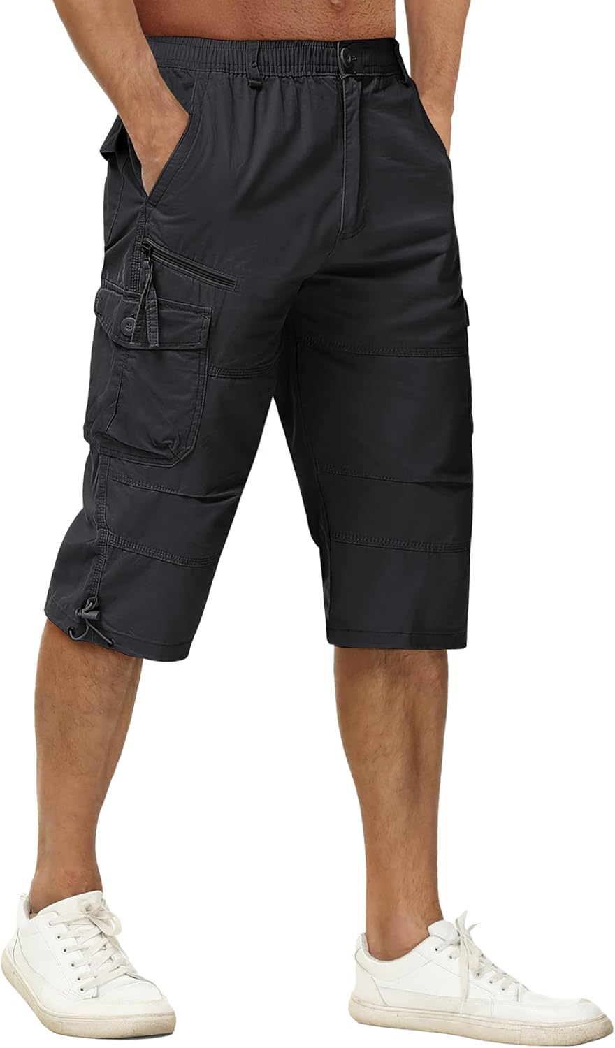 TACVASEN Men's Capri Pants with 7 Pockets Cargo Shorts Twill Elastic Below Knee 3/4 Capri Long Shorts