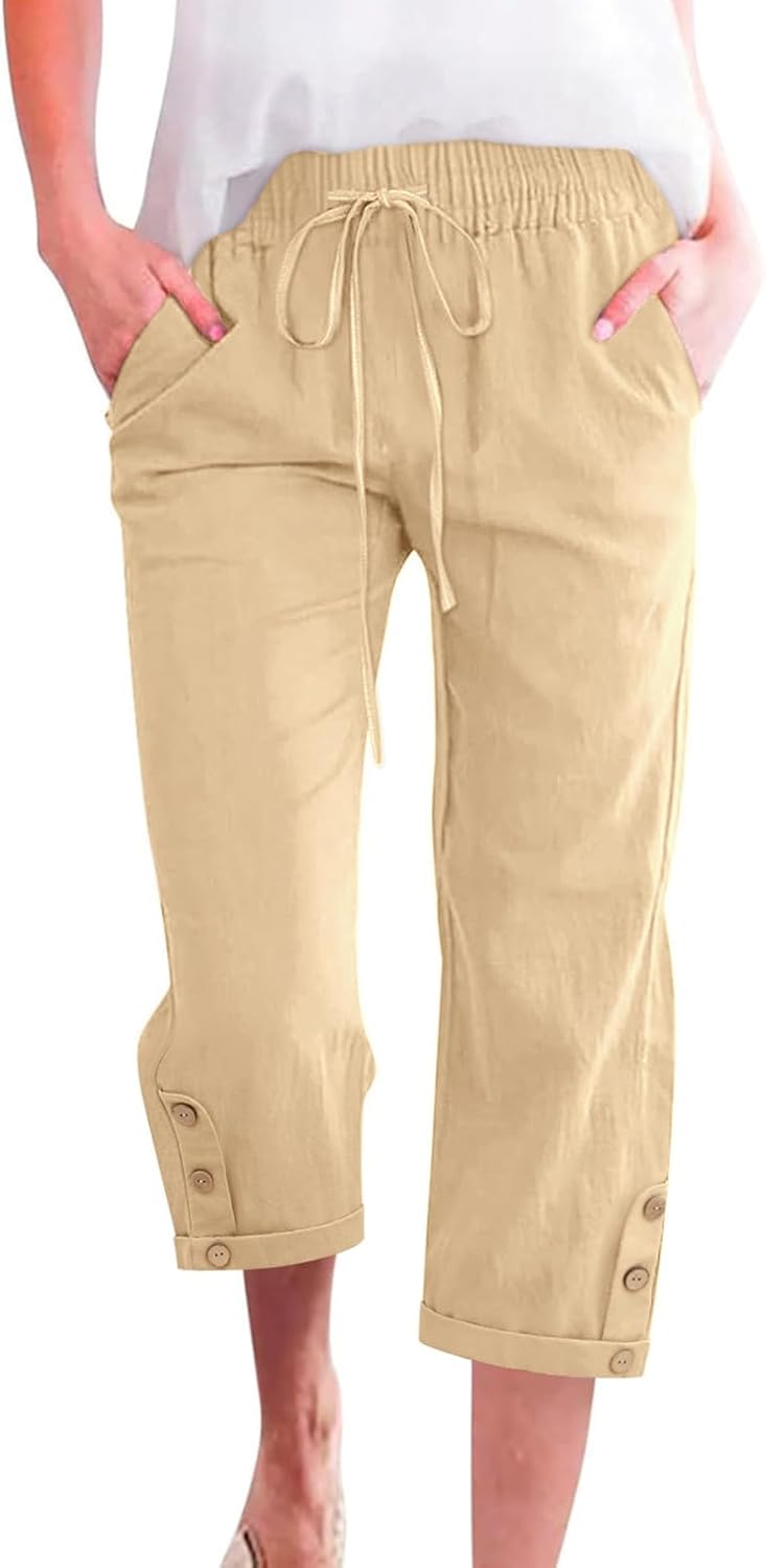 heekpek Womens Capris Pants High Waist Drawstring Cotton Casual Palazzo Trendy Lounge Beach Summer Trousers with Pockets