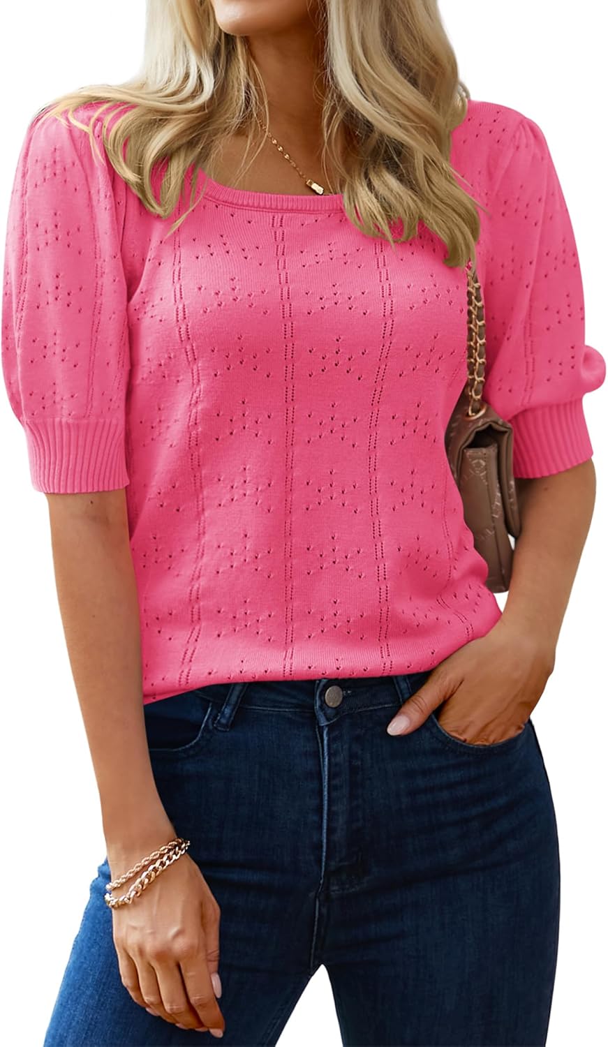 Zeagoo Womens Puff Short Sleeve Sweaters Tops Knit Summer Soft Square Neck Pullover Lightweight Shirt Blouse S-XXL