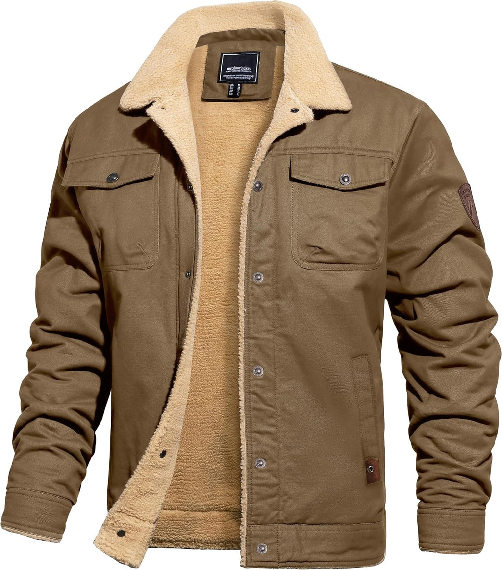 TACVASEN Men's Cotton Jackets Winter Fleece Lined Casual Warm Cargo Coat Snaps Working Sherpa Jacket with Multi Pockets