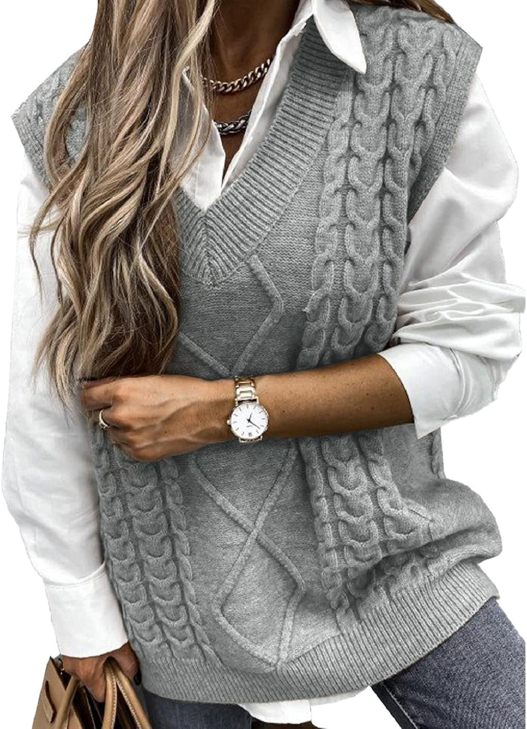 heekpek Sweater Vest Women V Neck Sleeveless Sweaters Tank Top Oversized Cable Knitted Casual Loose Pullover for Girls
