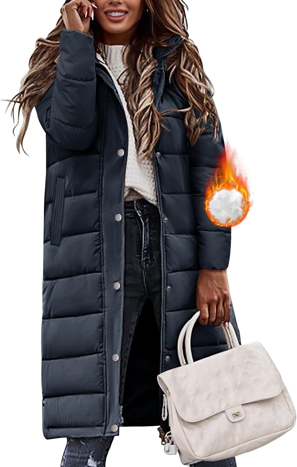 HEEKPEK Women's Winter Down Jacket Long Puffer Coats Mid-Length Warm Windproof Quilted Jackets Hooded Padded with Side Zipper