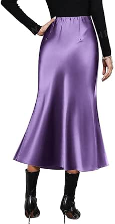 Zeagoo Long Satin Skirt for Lady Casual Silk Midi Party Skirts Ruffle Hem Flowy Summer Skirts Slip Thin Skirt for Women, Lilac XL