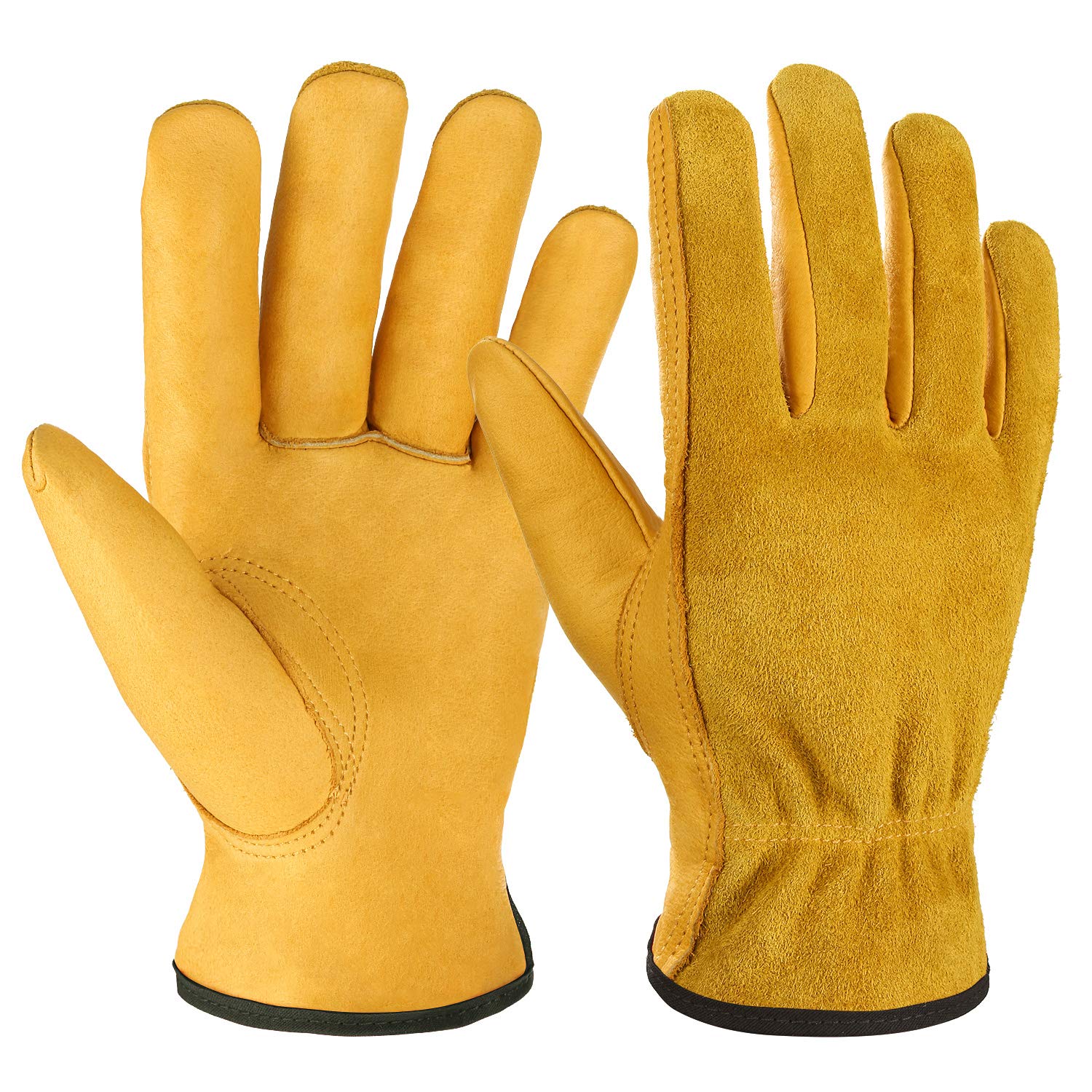 OZERO Leather Work Gloves for Men: Cowhide Gardening Gloves with Reinforced Palms for Heavy Duty Construction/Weeding/Yard