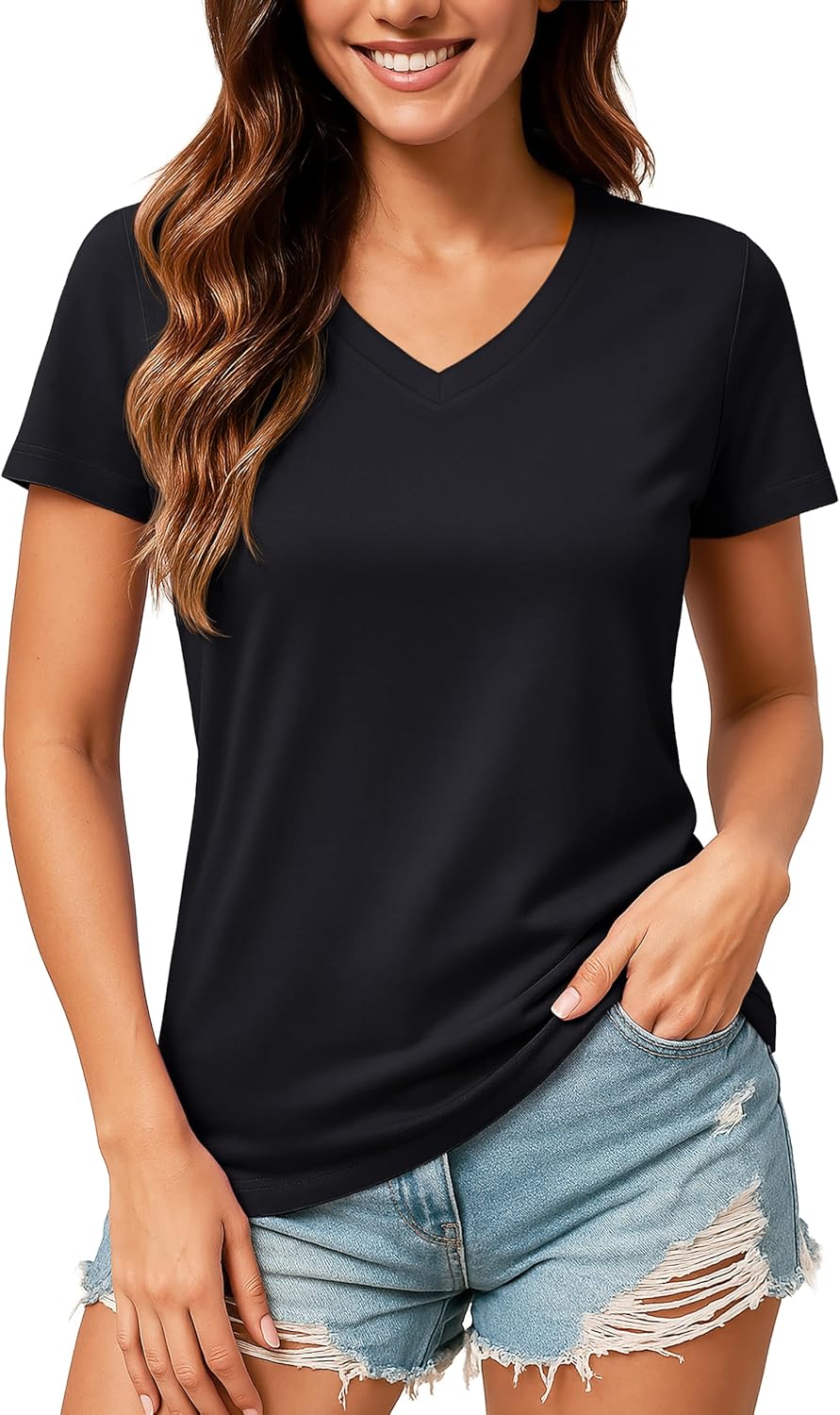 TACVASEN Women's Full Cotton T Shirts V Neck Casual Summer Tops Soft Short Sleeve T Shirt Women Lightweight T-Shirts