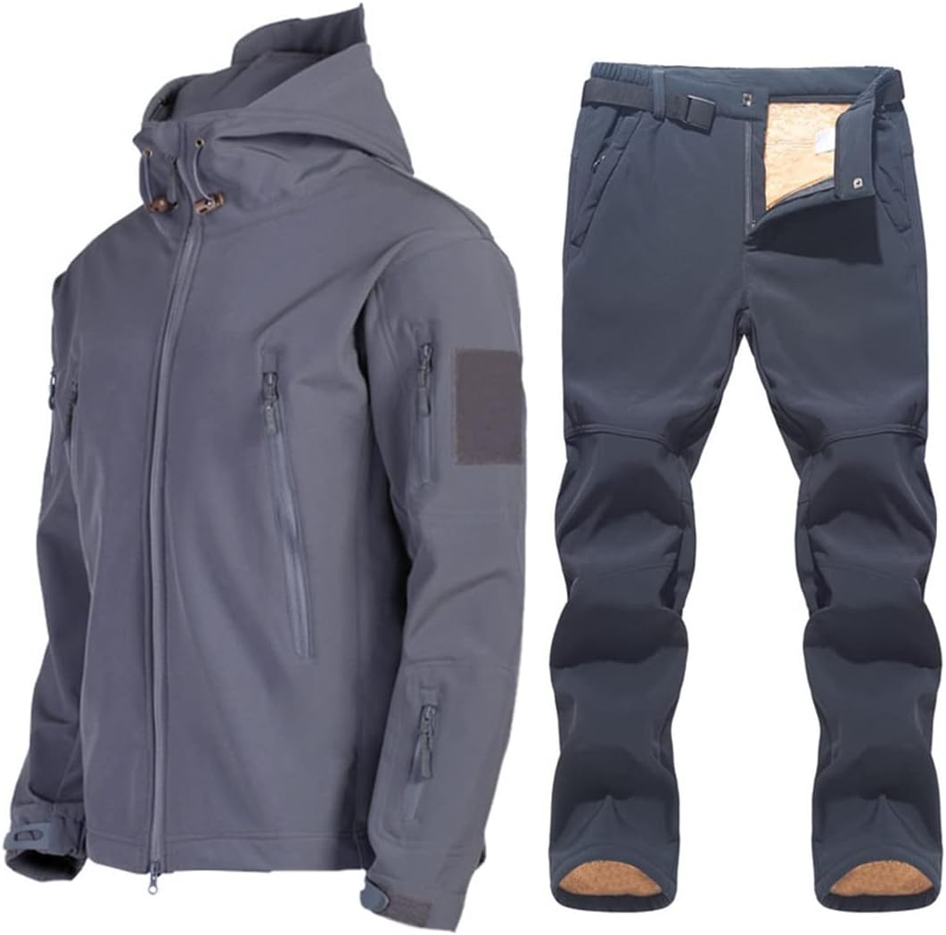 Men Soft Shell Jacket Set Winter Warm Fleece Tactical Military Jacket Outdoor Hiking Jacket and Pants Black Jacket Asian L EUR S