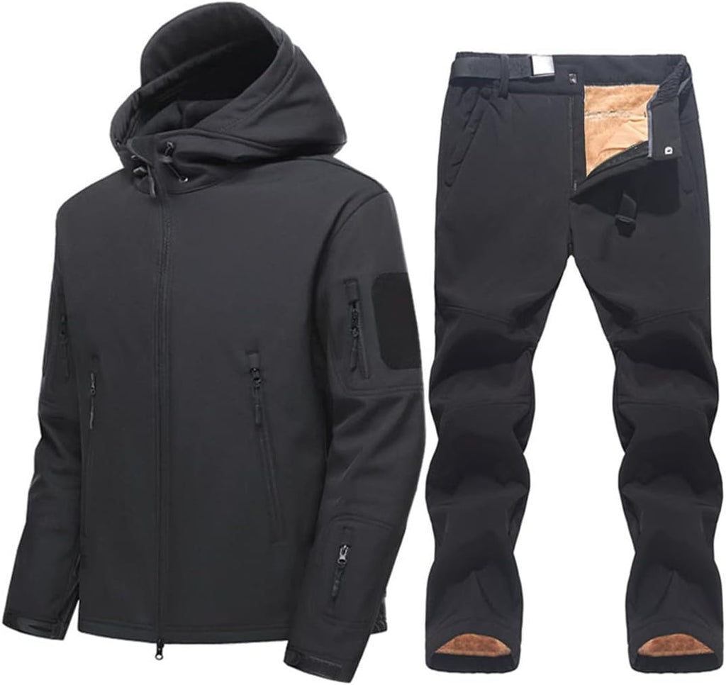 Men Soft Shell Jacket Set Winter Warm Fleece Tactical Military Jacket Outdoor Hiking Jacket and Pants Black Jacket Asian L EUR S