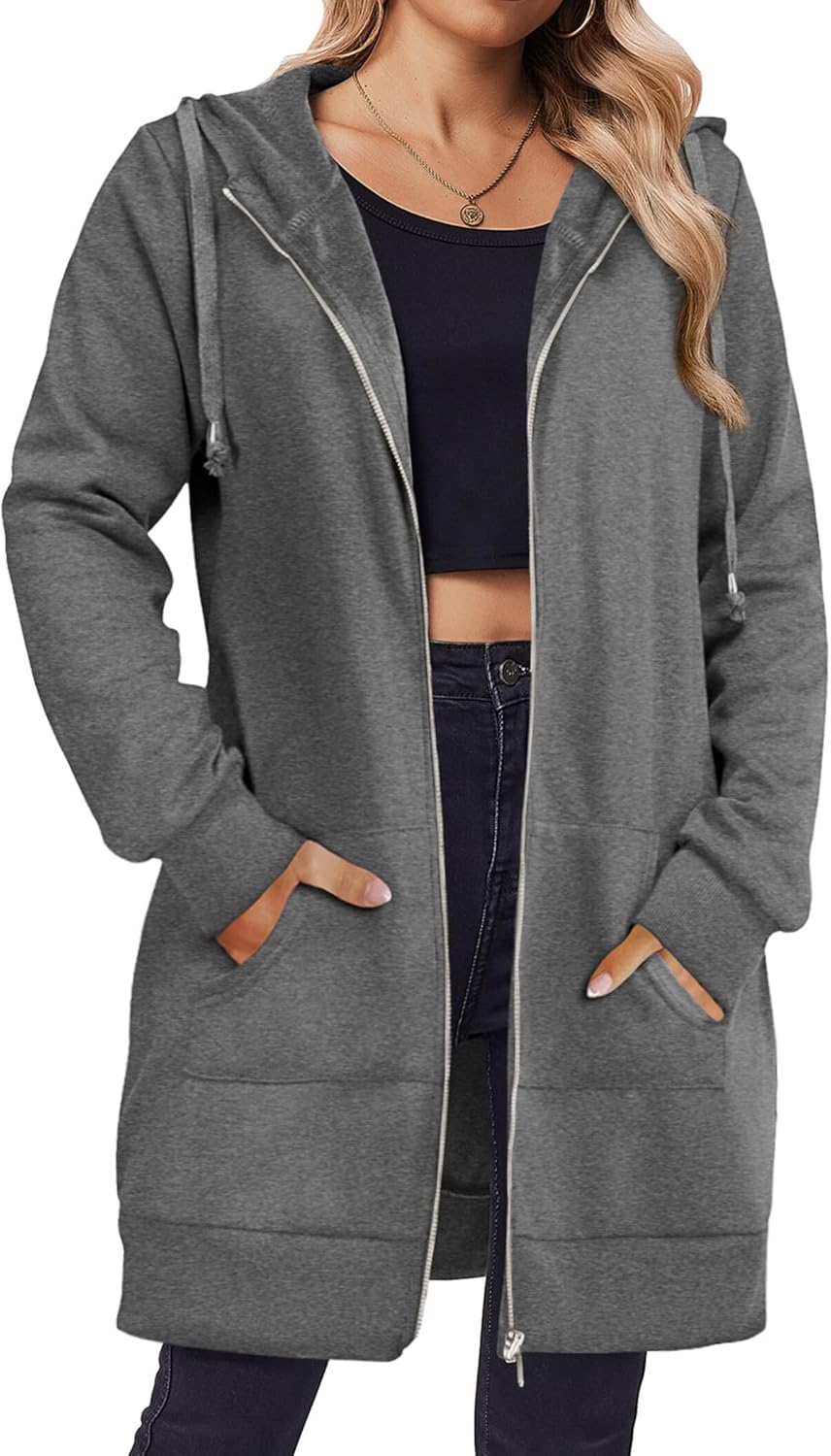 Zeagoo Womens Zip Up Hoodies Long Sleeve Fall Hooded Lightweight Tunic Sweatshirt Oversize Fleece Jacket with Pockets