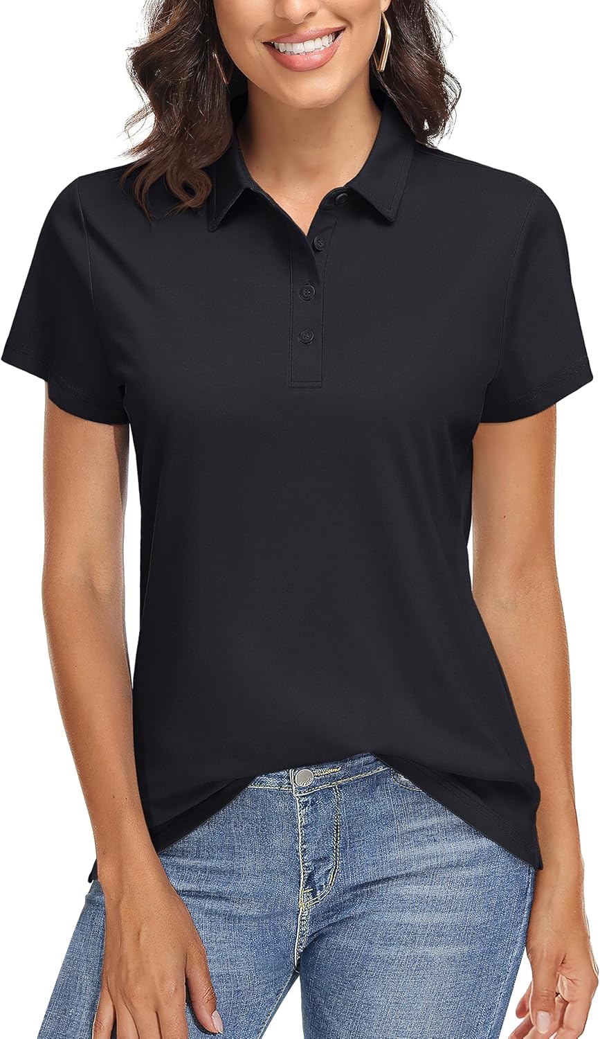 TACVASEN Golf Polo Shirt for Women Short Sleeve SPF Shirts Womens Running Shirts Athletic Shirts Quick Dry Casual Work Shirts Black L