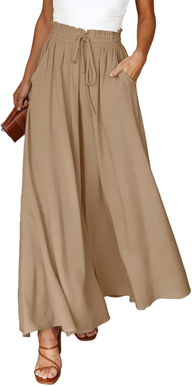heekpek Palazzo Pants for Women Casual Wide Leg Pants Summer Elastic High Waist Trousers Long Pants with Pocket