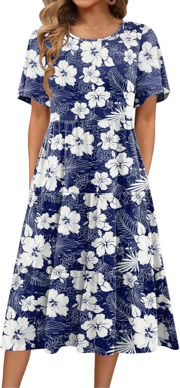 Zeagoo Women's Spring Summer Floral Midi Dress A Line Tiered Boho Dress Casual Short Sleeve Long Beach Dress