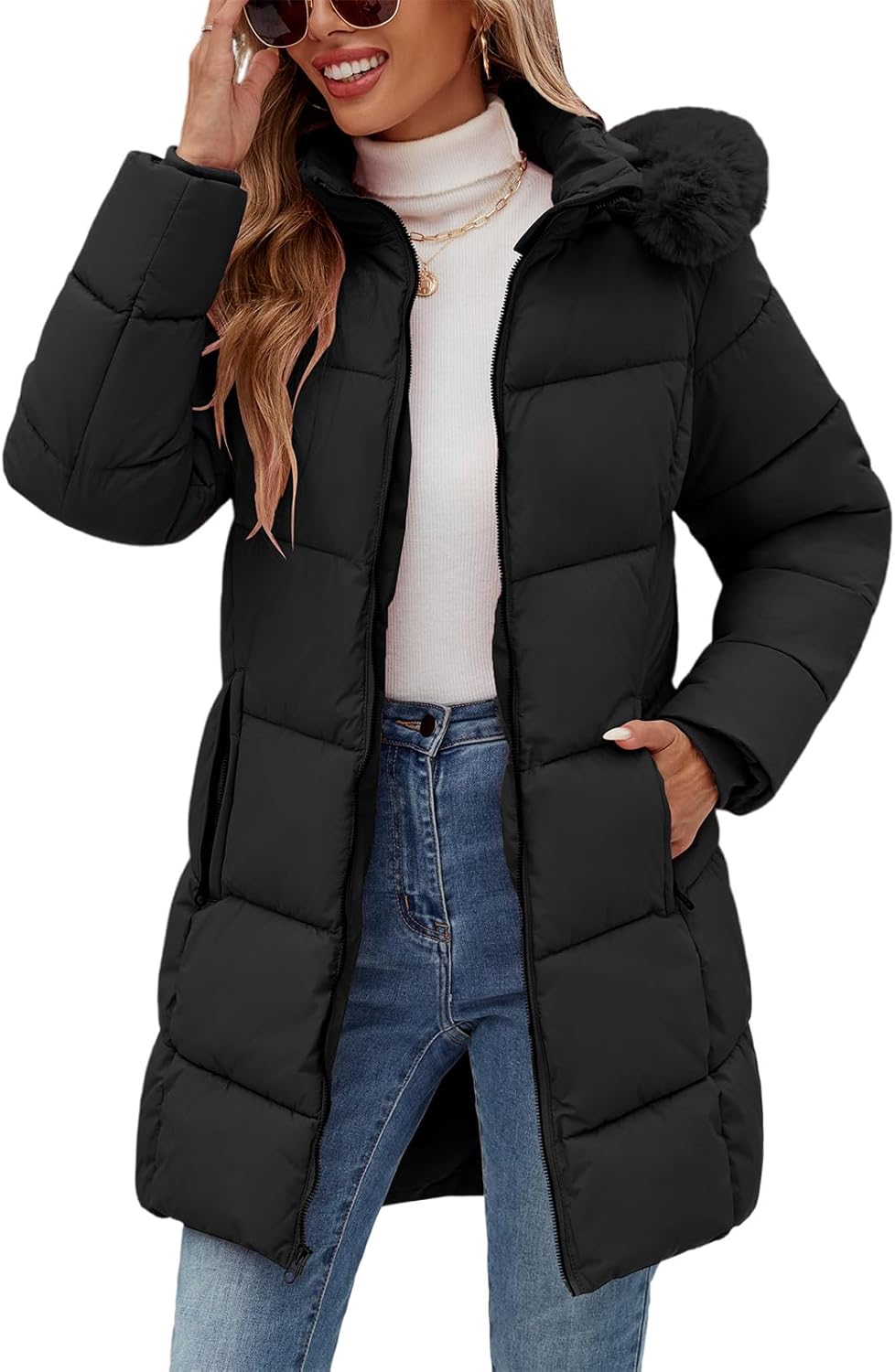 HEEKPEK Womens Winter Puffer Coats Long Thicken Quilted Fleece Lined Parka Warm Jackets with Detachable Faux Fur Hood