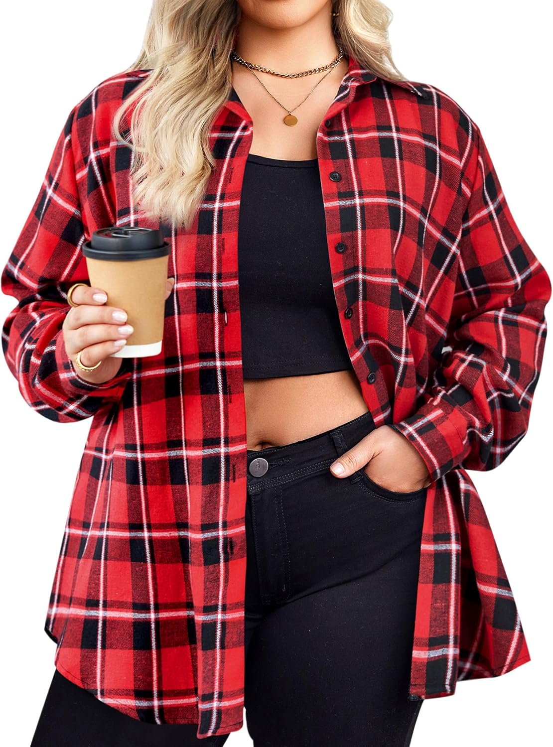 Zeagoo Womens Plus Size Flannel Plaid Shirt Long Sleeves Button Down Shirts Casual Collared Shacket Tops