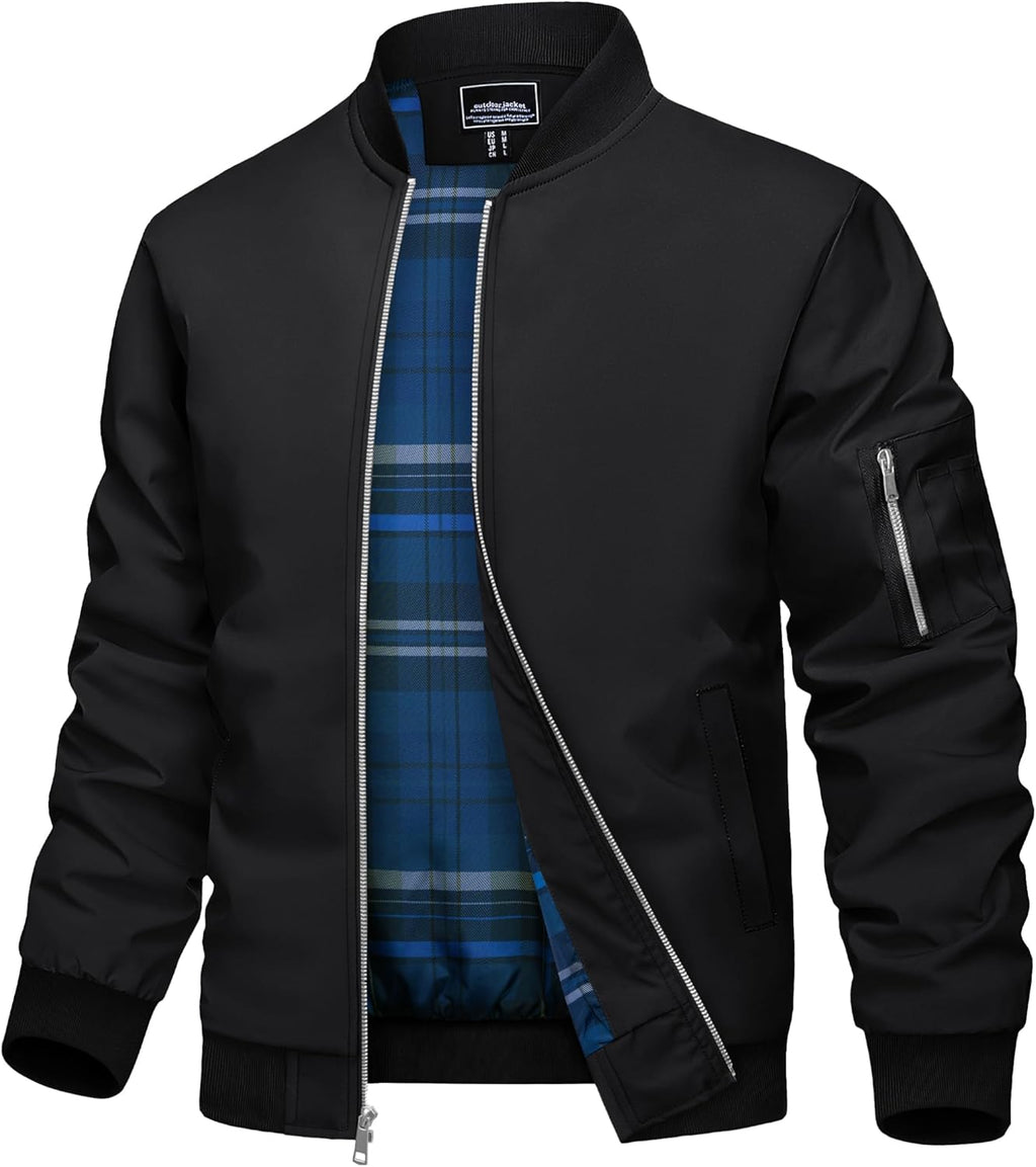 TACVASEN Men's Bomber Jacket Lightweight Windbreaker Plaid Lined Casual Fashion Spring Fall Windproof Zip Up Jacket for Men