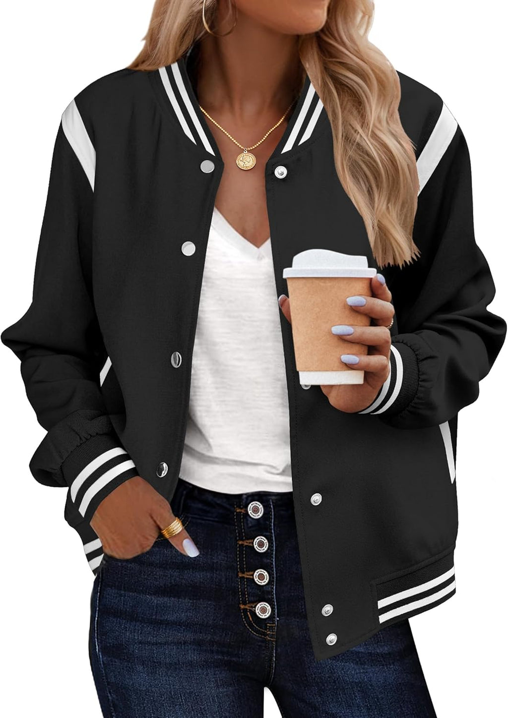 ZEAGOO Bomber Jackets Women Varsity Casual Lightweight Fall Fashion Button Down Short Outerwear with Pockets