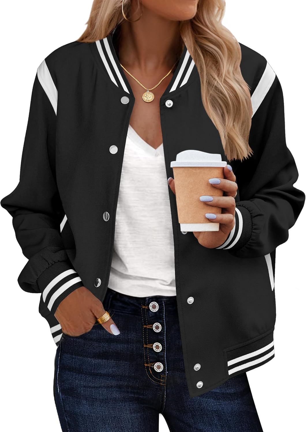 ZEAGOO Bomber Jackets Women Varsity Casual Lightweight Fall Fashion Button Down Short Outerwear with Pockets