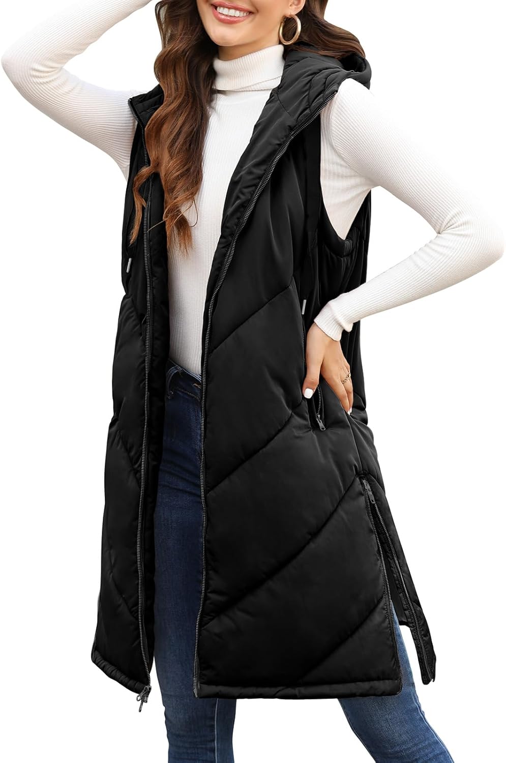 HEEKPEK Womens Puffer Vest Long Hooded Sleeveless Zip Up Vests Puffy Jackets Quilted with Pockets Winter Warm Outerwear