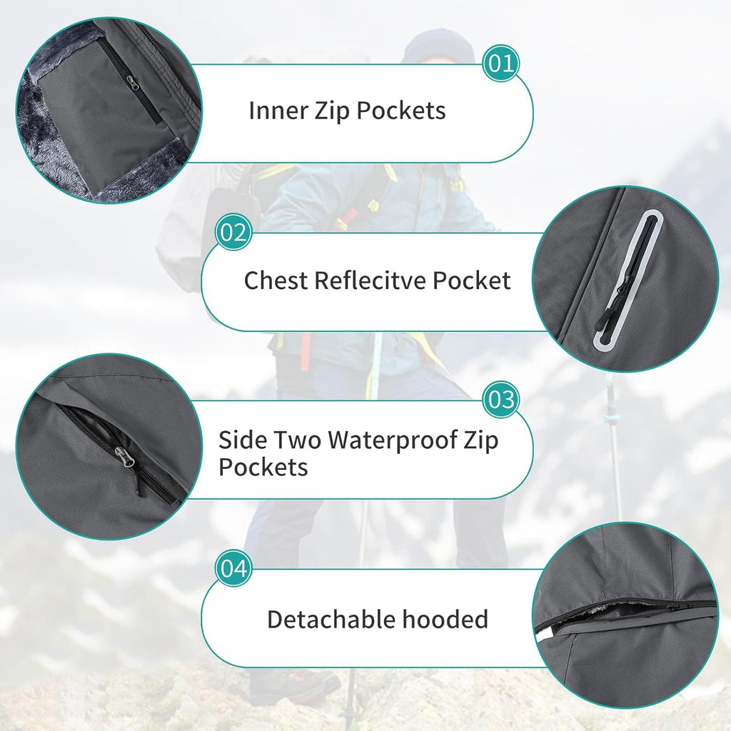 MoFiz Men's Waterproof Ski Jacket Warm Winter Snow Coat Mountain Windbreaker Hooded Thicken Fleece Parka Zip Pockets