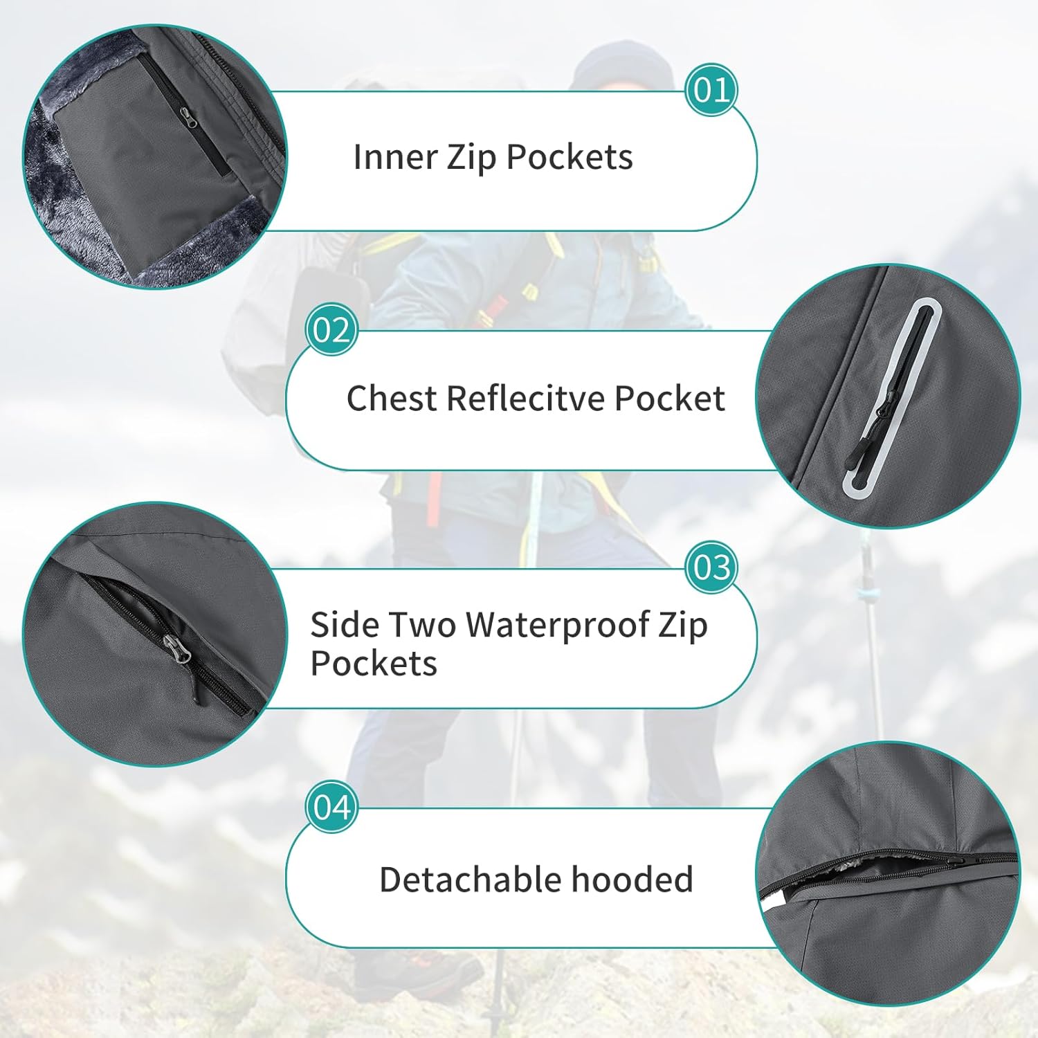 MoFiz Men's Waterproof Ski Jacket Warm Winter Snow Coat Mountain Windbreaker Hooded Thicken Fleece Parka Zip Pockets