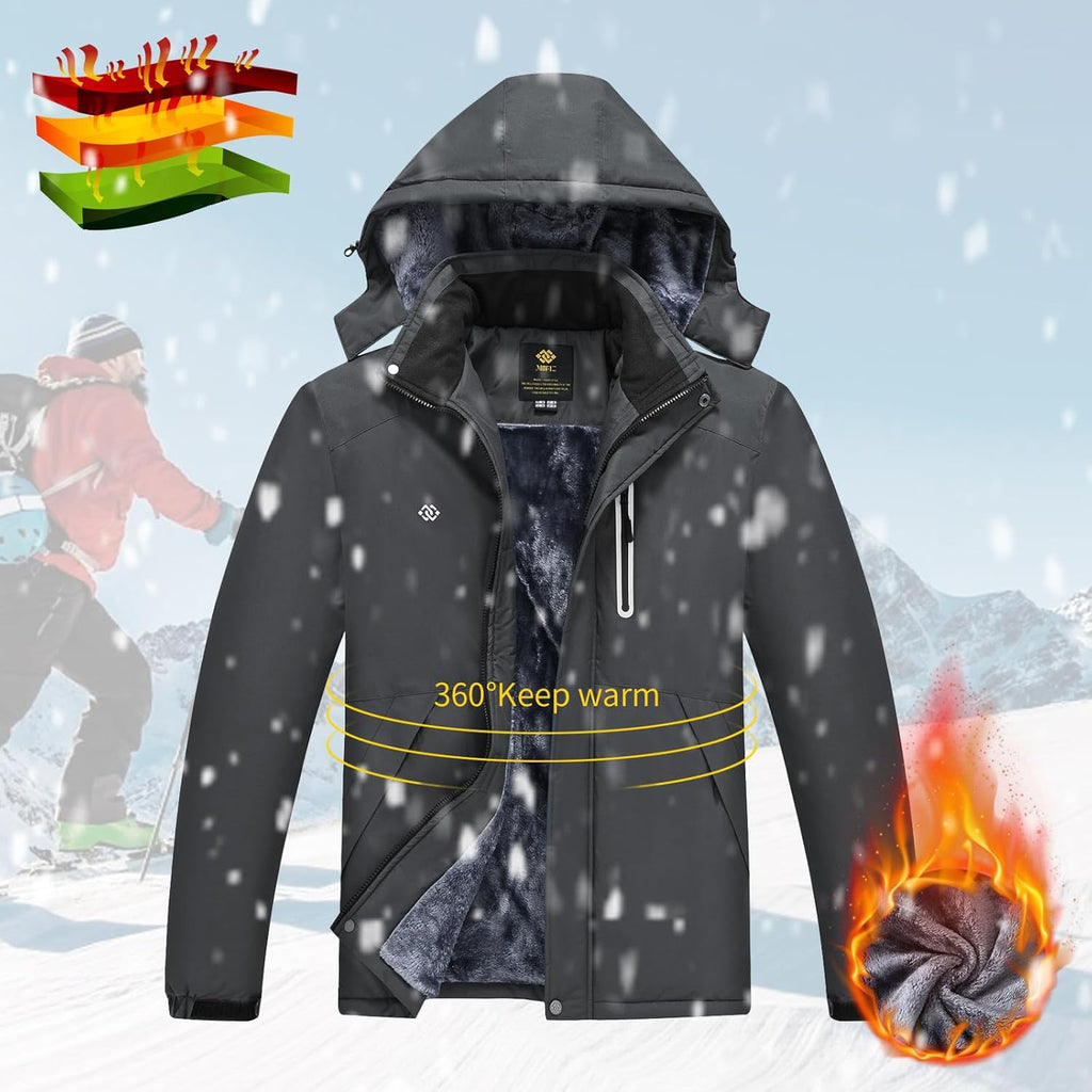 MoFiz Men's Waterproof Ski Jacket Warm Winter Snow Coat Mountain Windbreaker Hooded Thicken Fleece Parka Zip Pockets