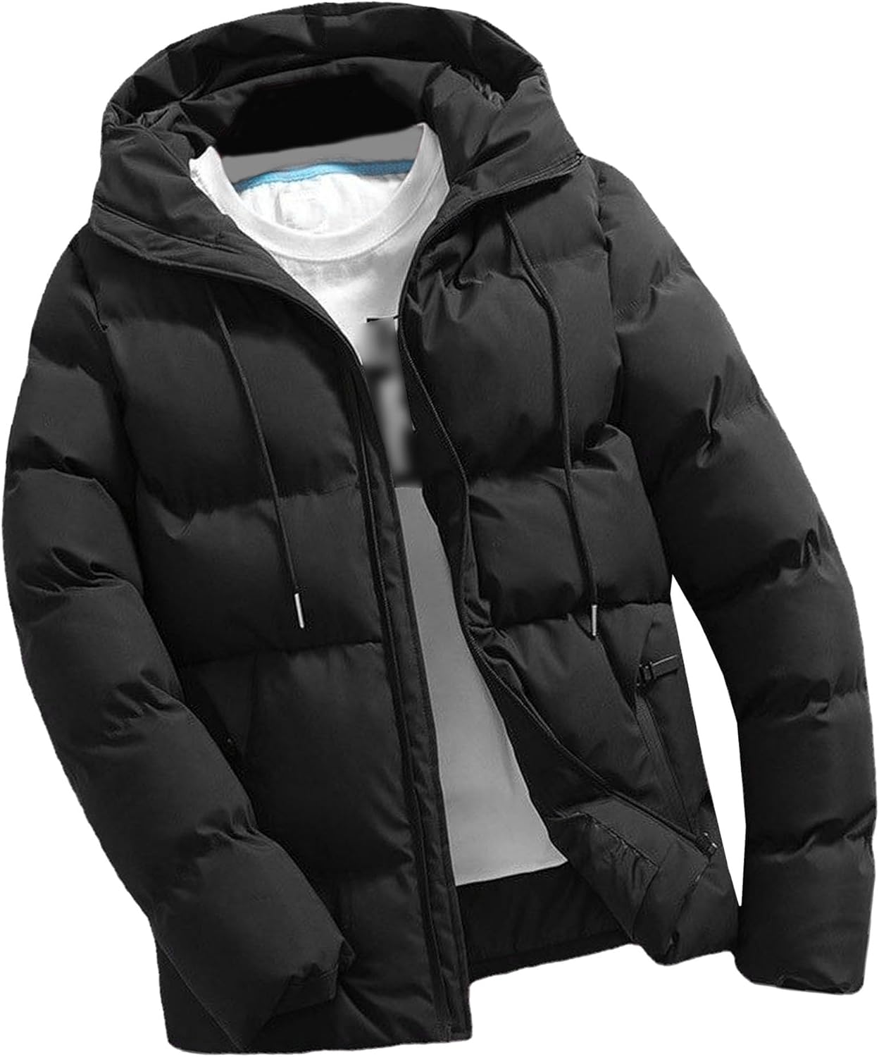 Maiyifu-GJ Winter Thicken Jacket for Men Windproof Warm Hooded Down Coat Padded Quilted Outwear Outdoor Parka Outerwear, Black, X-Large