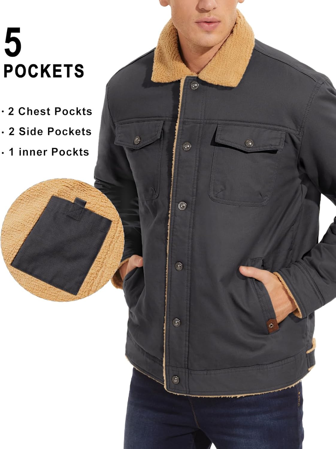 MAGNIVIT Men's Cotton Cargo Jacket Winter Sherpa Fleece Lined Work Jacket Coats with 5 Pockets