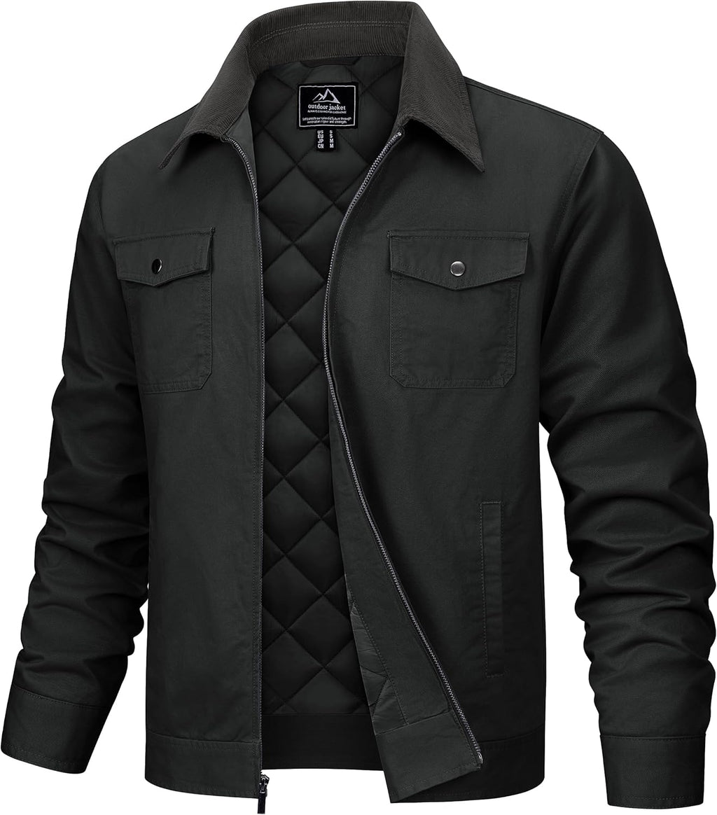 TACVASEN Men's Cotton Casual Quilted Cargo Jacket Canvas Corduroy Collar Shacket with Button Pockets for Fashion