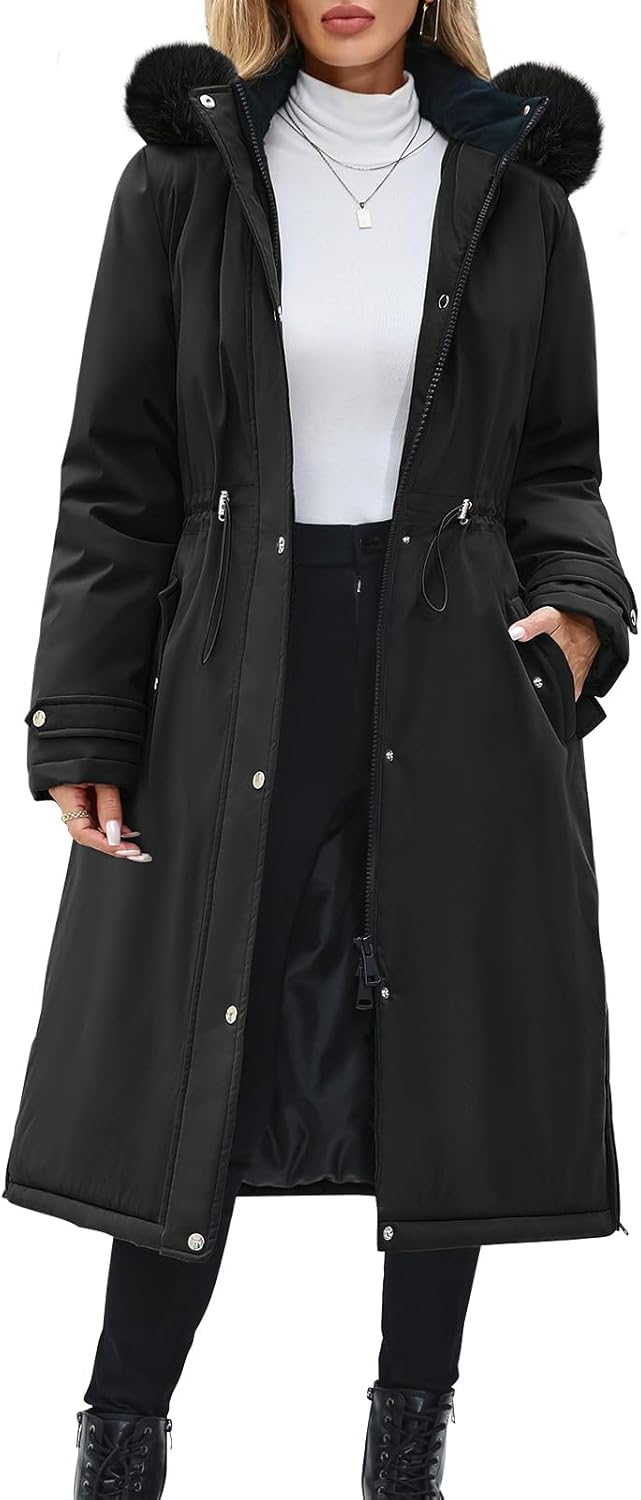 HEEKPEK Womens Long Winter Coats Puffer Fleece Lined Parka Warm Thicken Quilted Jackets Hooded with Detachable Faux Fur Trim