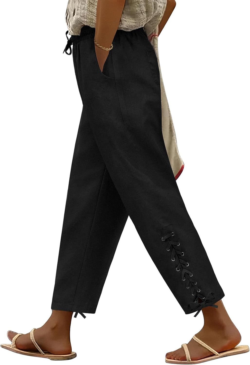heekpek Linen Pants for Women Casual Capri Pants Drawstring High Waist Straight Cropped Pant Loose Trousers with Pockets