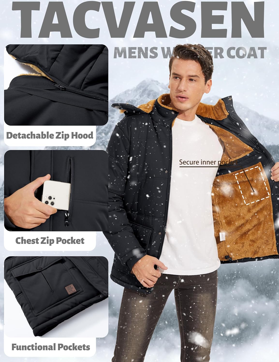 TACVASEN Men's Winter Jacket with Hood Water Repellent Windproof Thicken Parka Snow Ski Coat