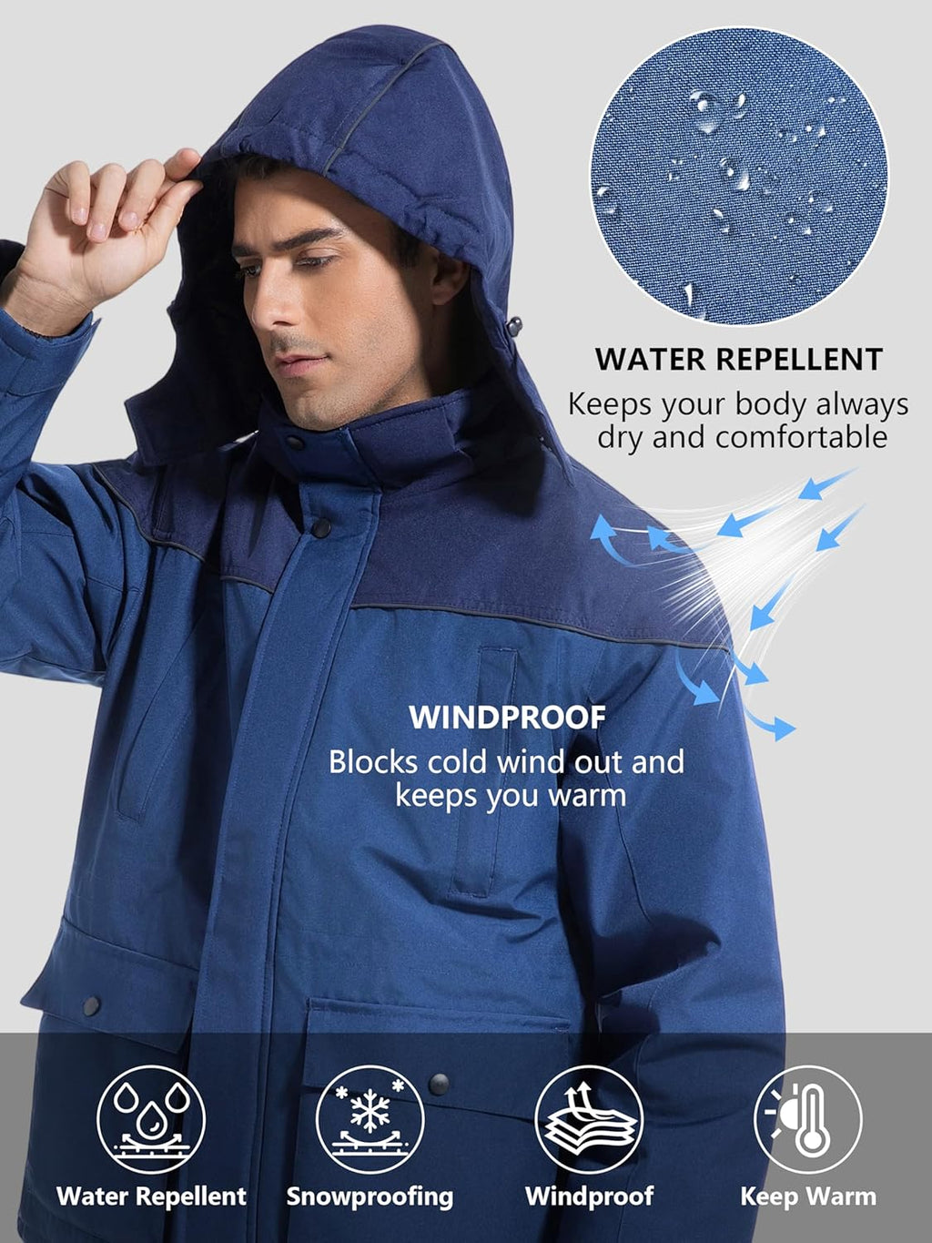 Mens Winter Jacket Warm Winter Coat Water Repellent Ski Snowboard Parka Jackets Hooded Windproof Windbreaker