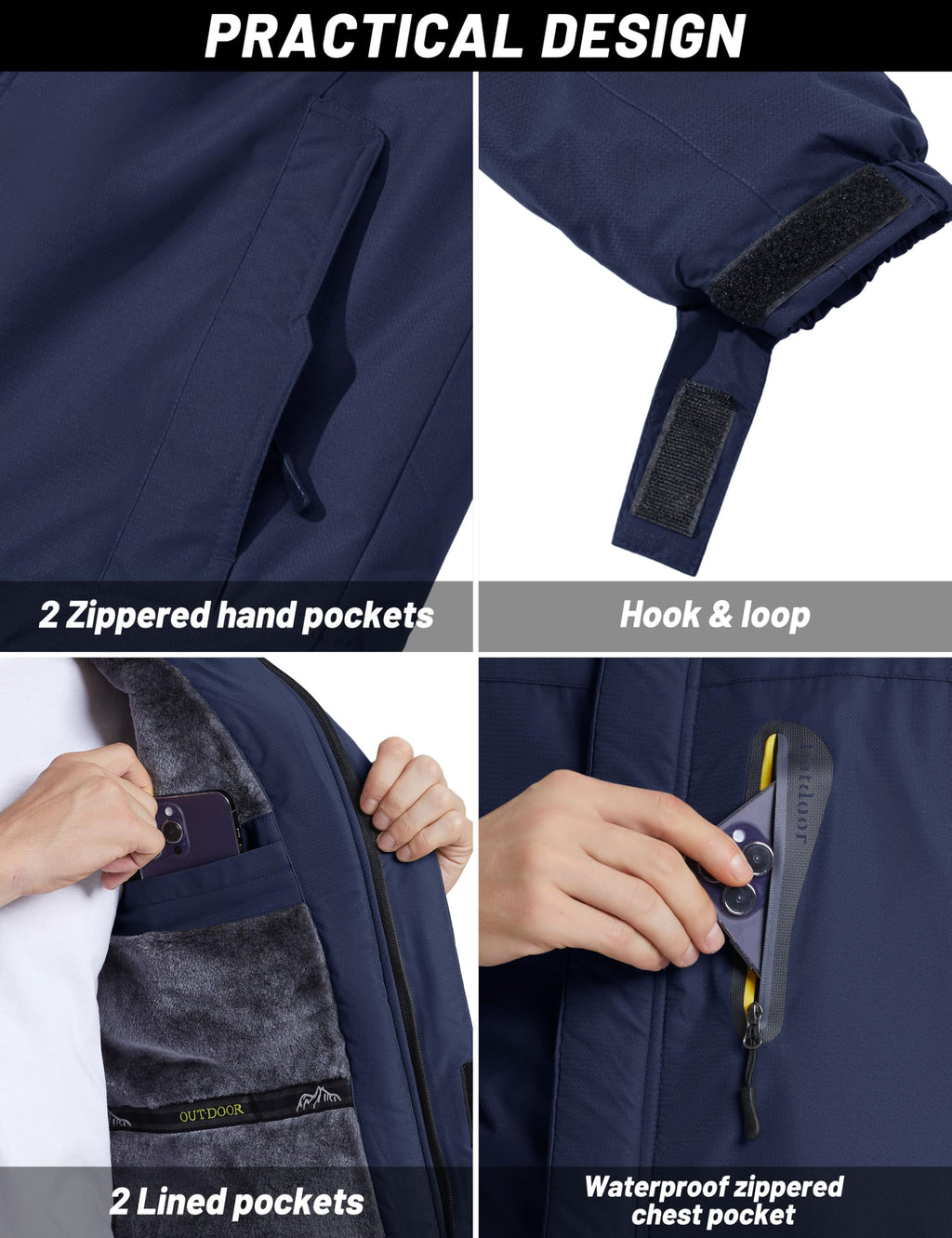 TACVASEN Men's Waterproof Fleece Liner Winter Coats Parka Mountain Windproof Warm Snow Ski Jacket with Multi-Pockets