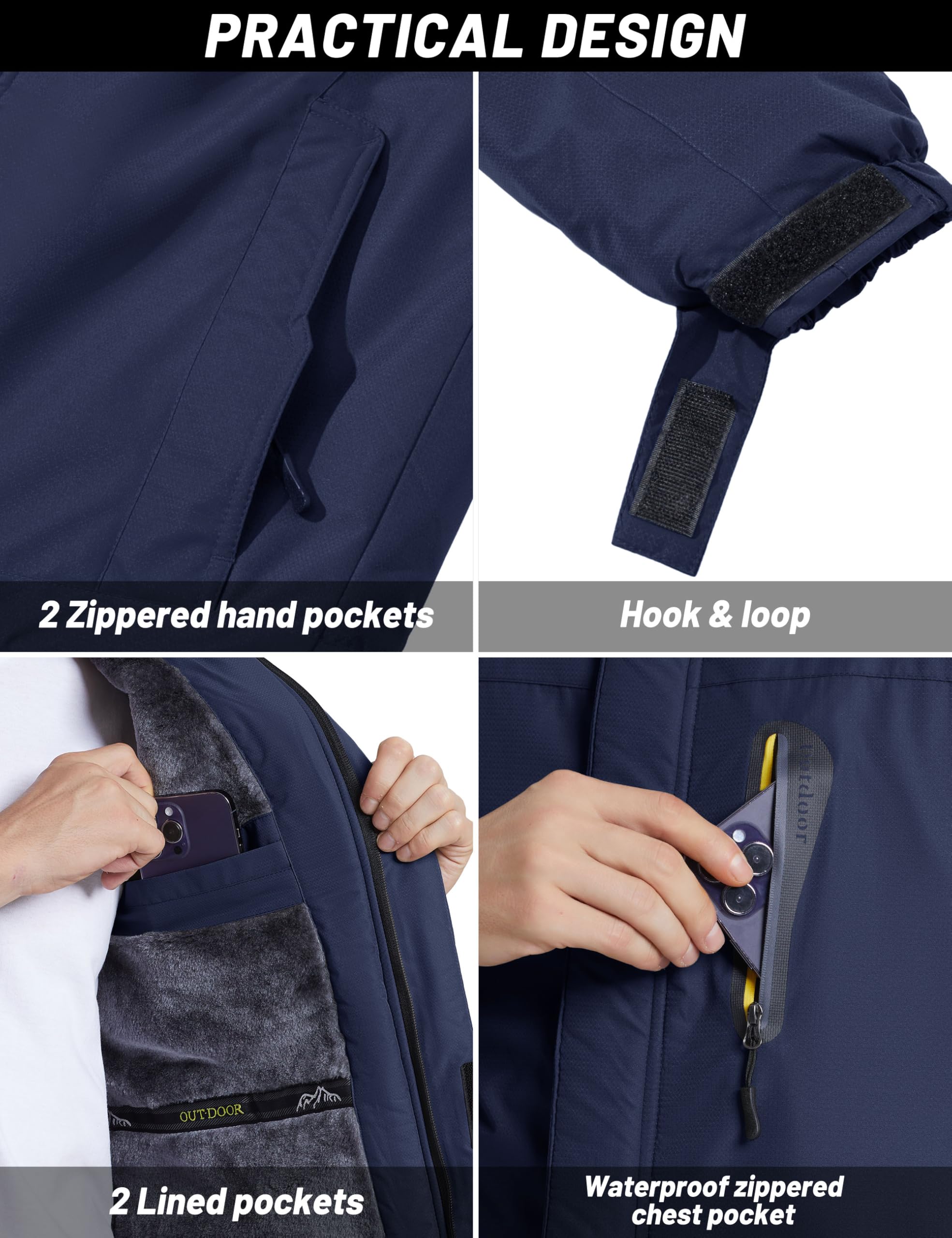 TACVASEN Men's Waterproof Fleece Liner Winter Coats Parka Mountain Windproof Warm Snow Ski Jacket with Multi-Pockets