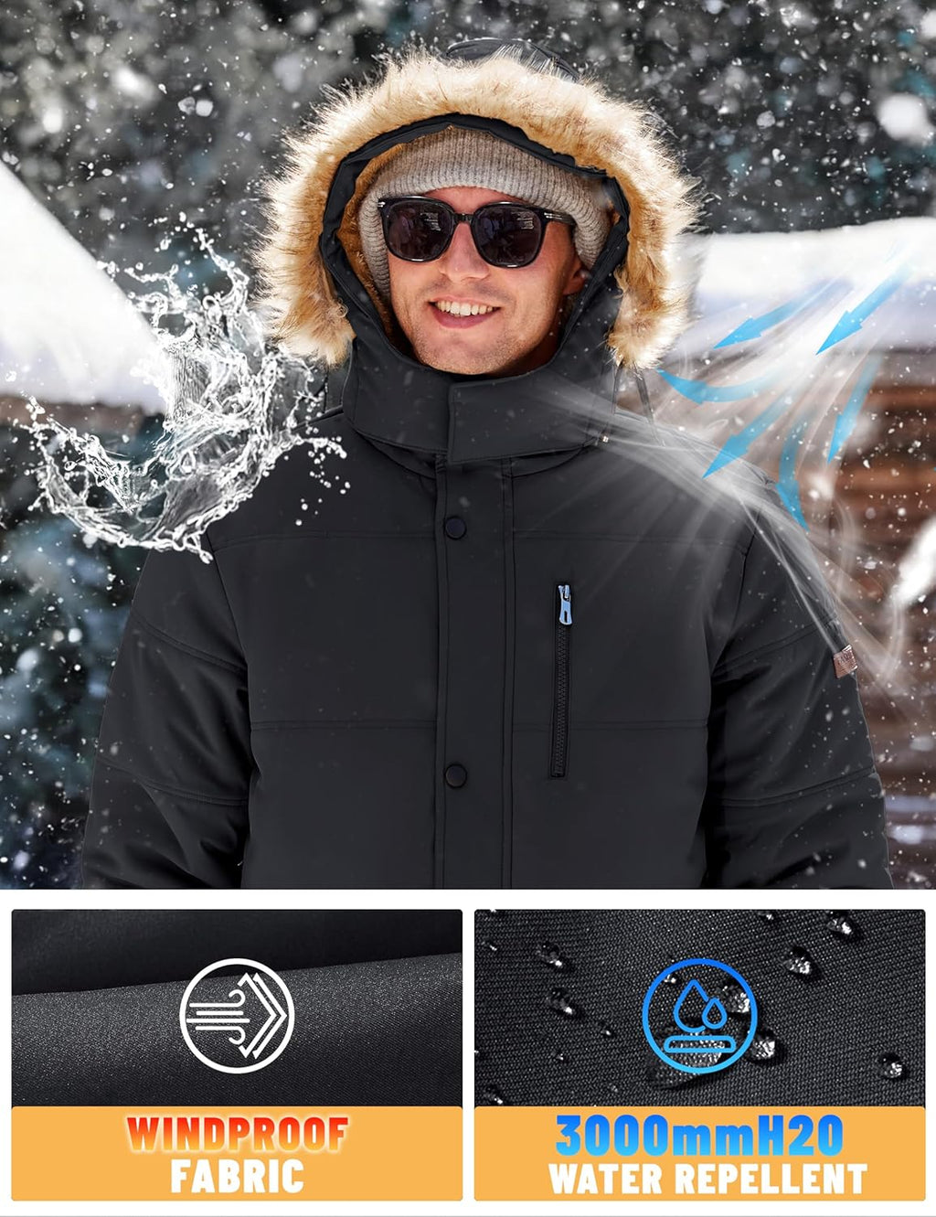 TACVASEN Men's Winter Jacket with Hood Water Repellent Windproof Thicken Parka Snow Ski Coat