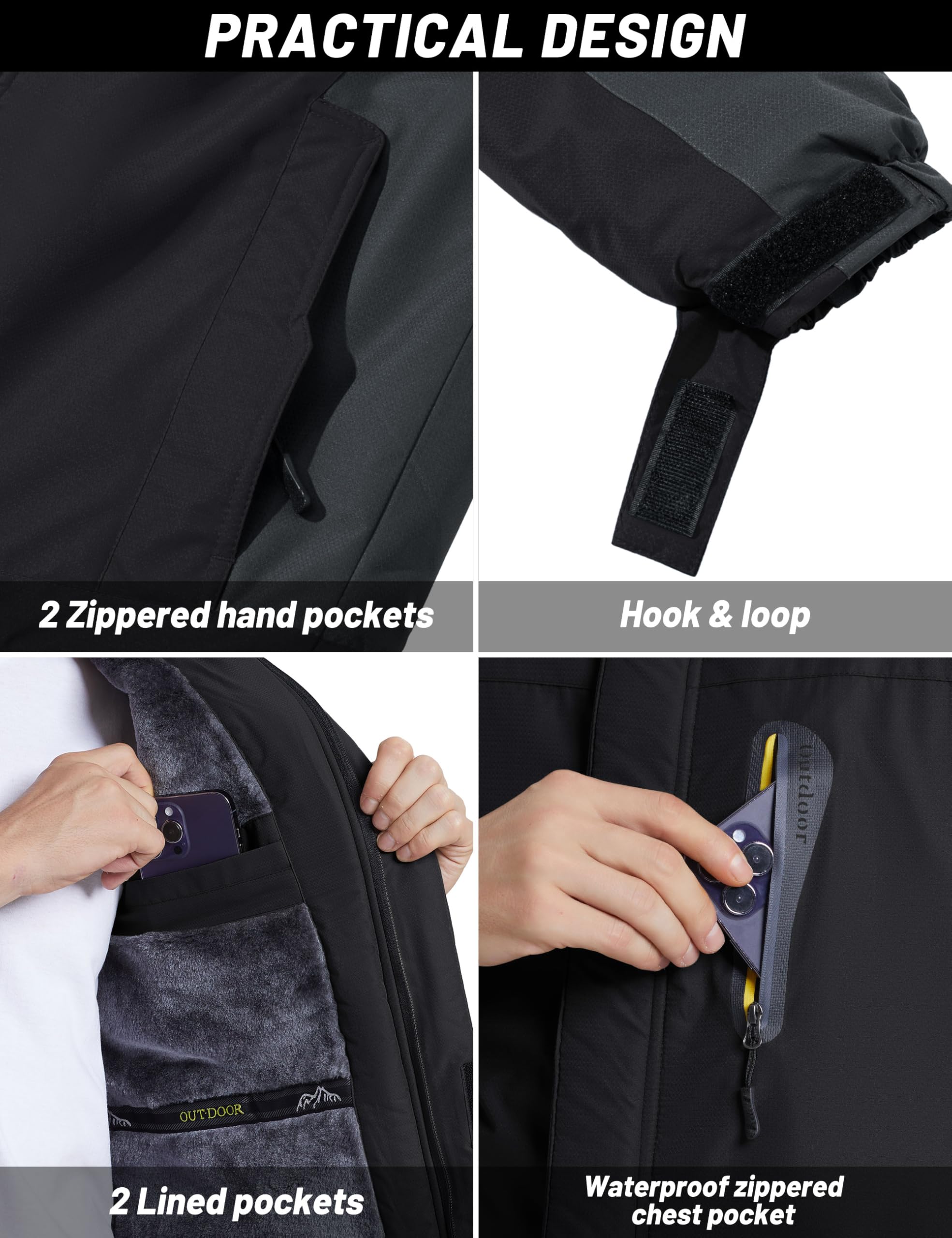 TACVASEN Men's Waterproof Fleece Liner Winter Coats Parka Mountain Windproof Warm Snow Ski Jacket with Multi-Pockets