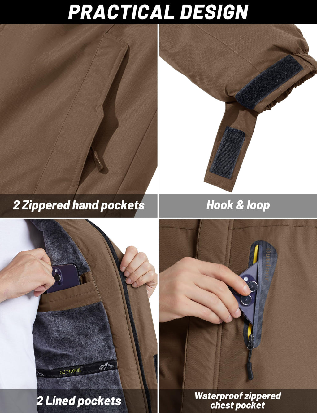 TACVASEN Men's Waterproof Fleece Liner Winter Coats Parka Mountain Windproof Warm Snow Ski Jacket with Multi-Pockets