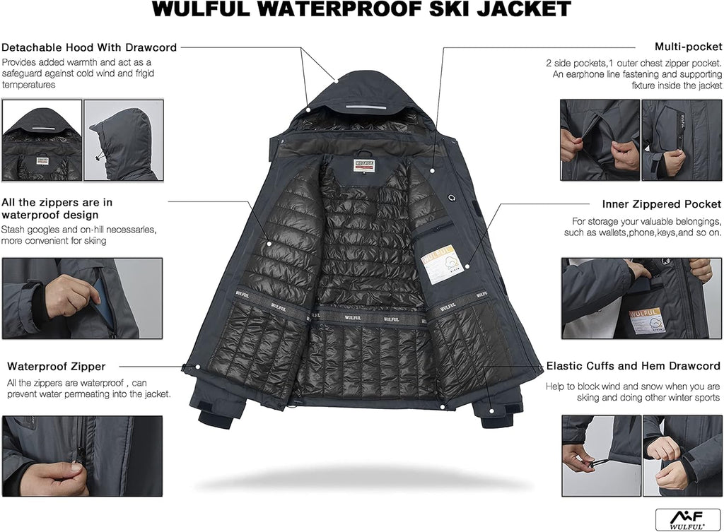 WULFUL Men's Waterproof Ski Jacket Warm Winter Snow Coat Mountain Windbreaker