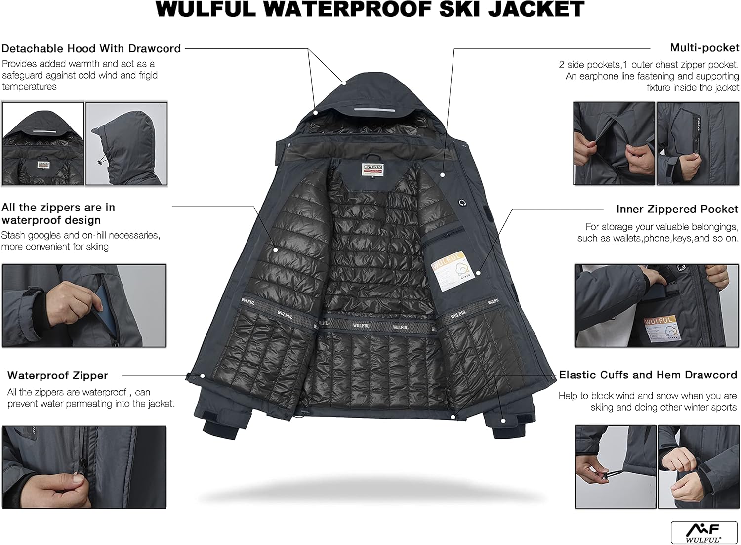 WULFUL Men's Waterproof Ski Jacket Warm Winter Snow Coat Mountain Windbreaker