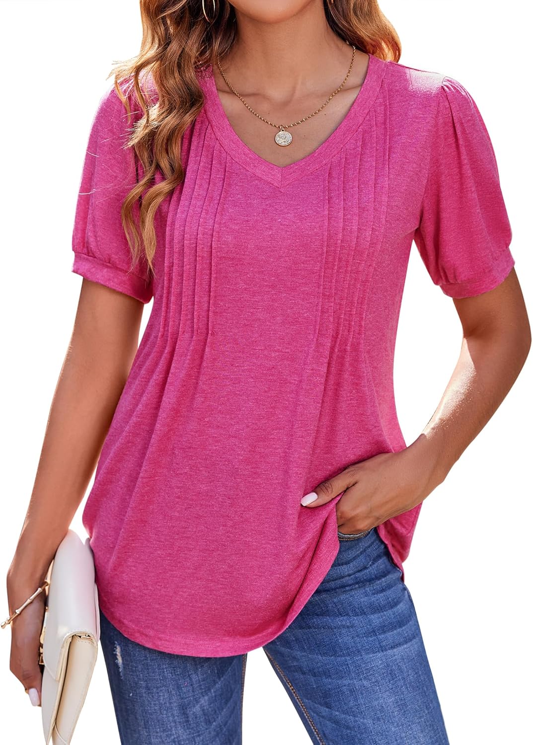 Zeagoo Women's Puff Short Sleeve Shirts Casual V Neck Boho Summe Solid Floral Blouse Pleated Casual Tunic Top