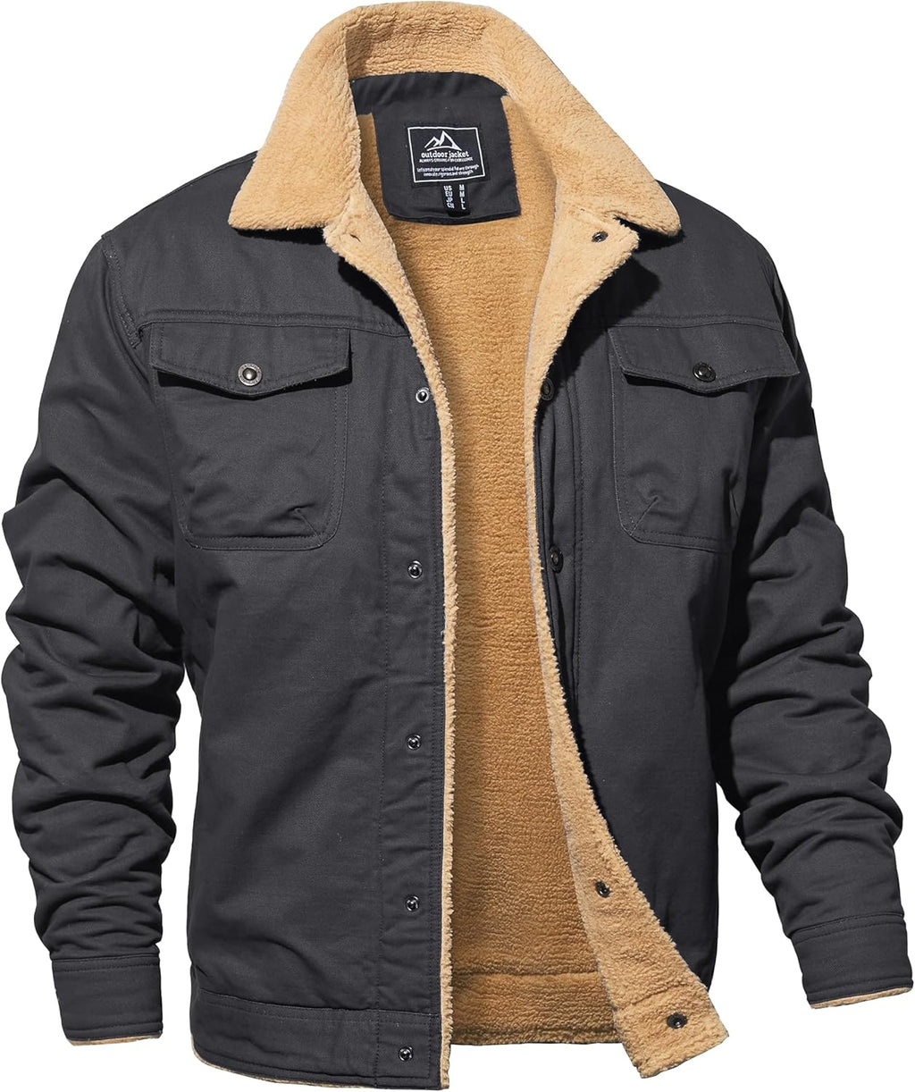 MAGNIVIT Men's Cotton Cargo Jacket Winter Sherpa Fleece Lined Work Jacket Coats with 5 Pockets