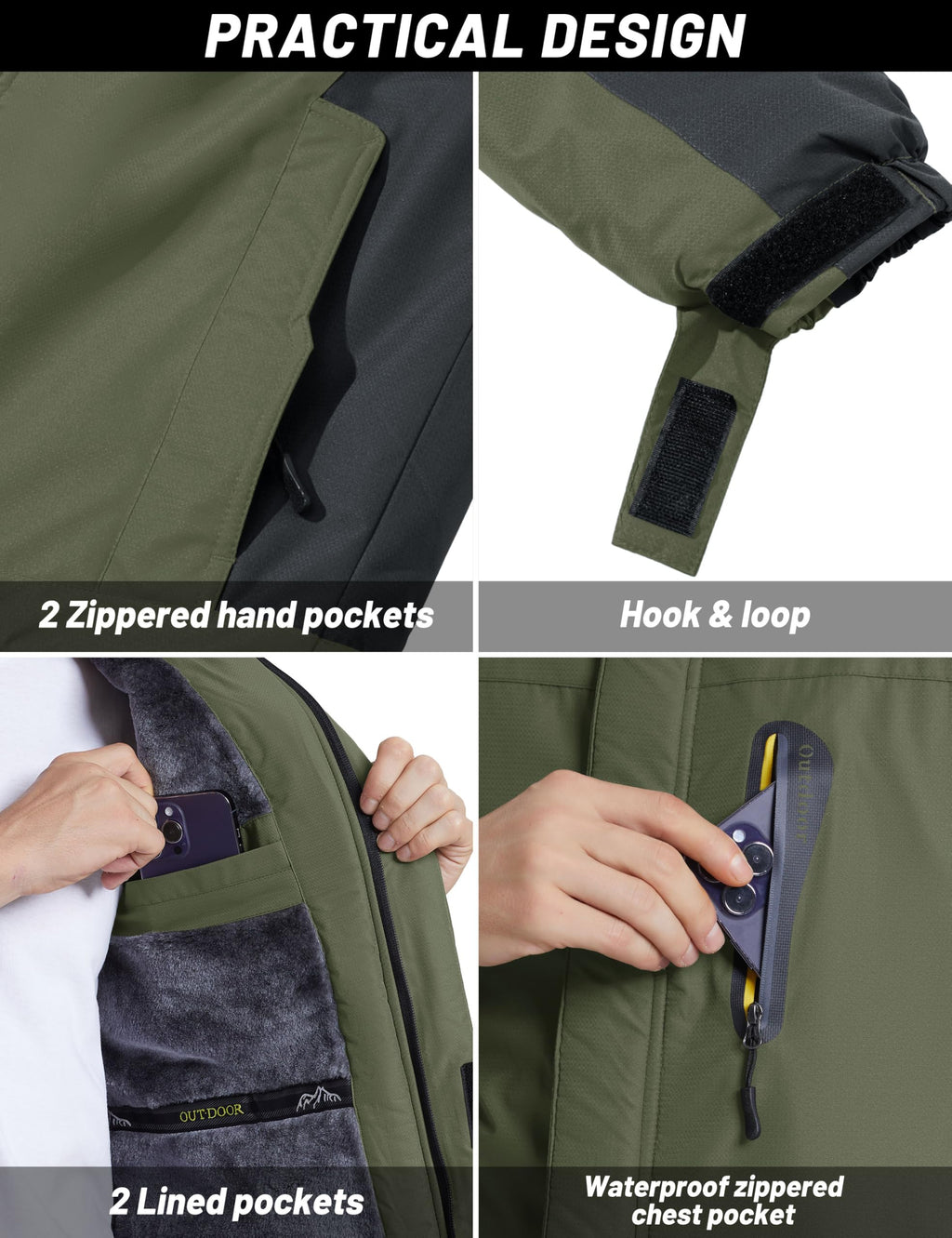 TACVASEN Men's Waterproof Fleece Liner Winter Coats Parka Mountain Windproof Warm Snow Ski Jacket with Multi-Pockets