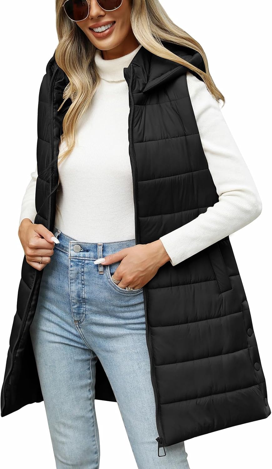 HEEKPEK Puffer Vest Womens Long Hooded Sleeveless Zip Up Vests Outerwear Quilted Puffy Jackets Fall Winter Coat Outdoor