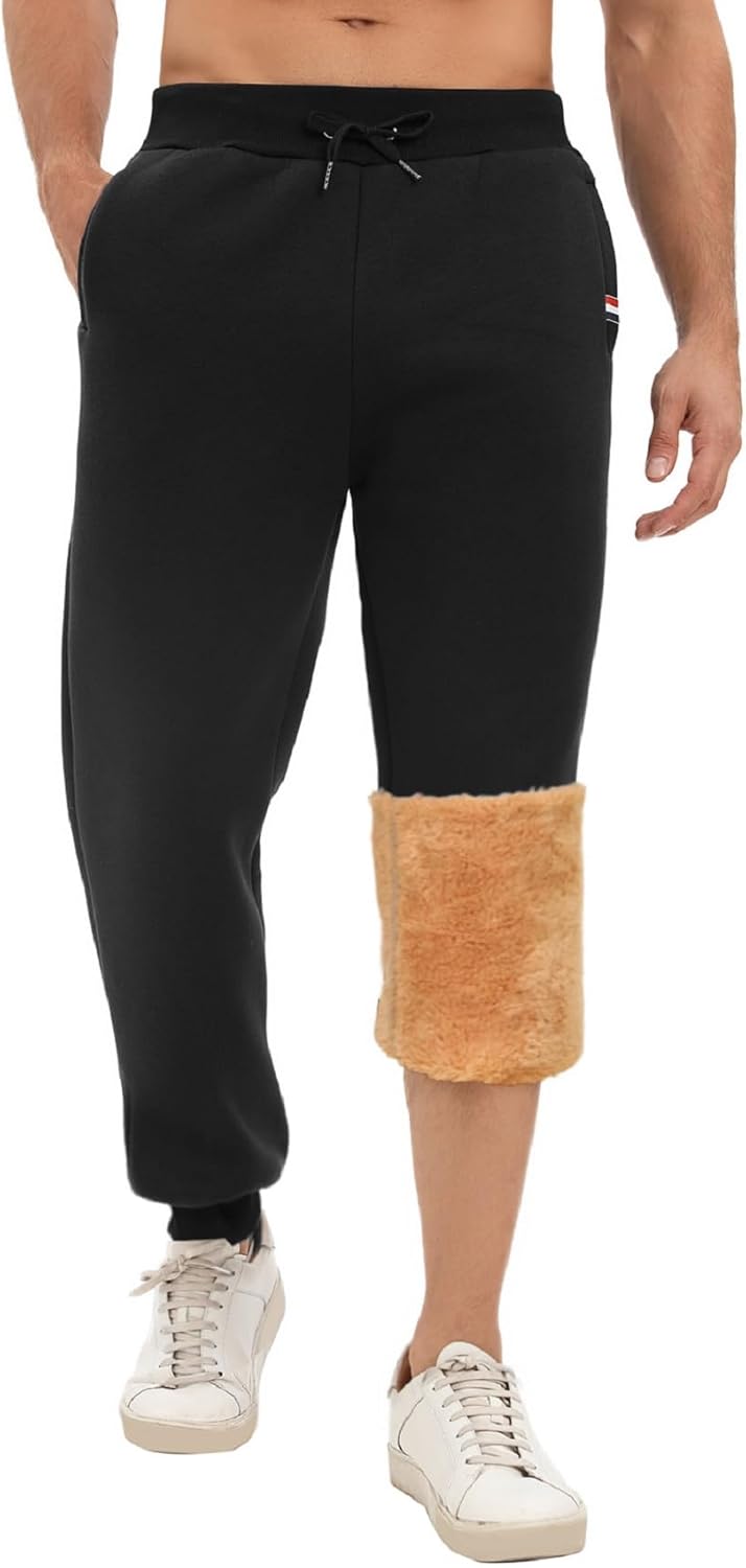Mens Sweatpants Fleece Lined Pants Sherpa Athletic Joggers for Men Winter Warm Drawstring Pants with Zipper Pockets